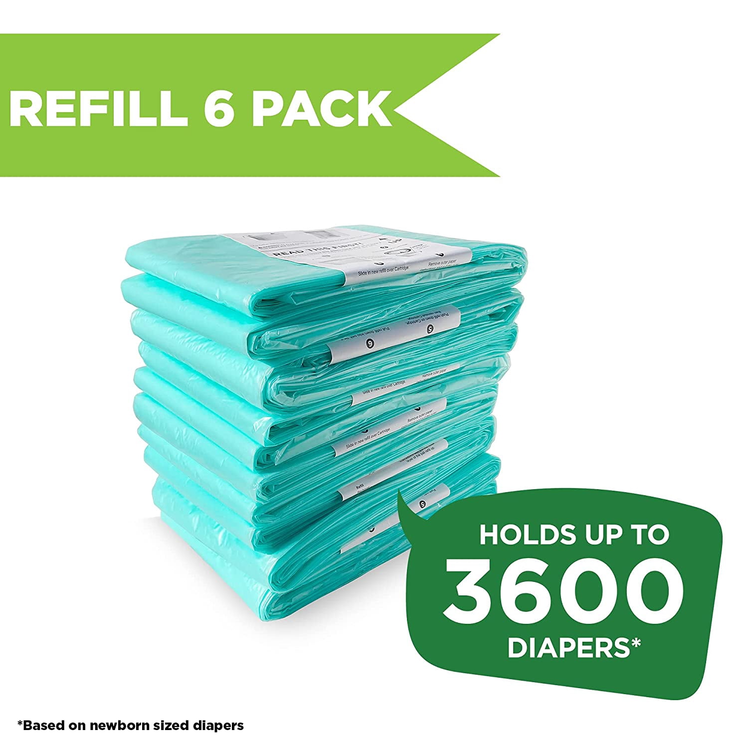 Diaper Pail Refills | 6 Count Value Pack Holds 3,600 Diapers | Compatible with Dekor Plus Diaper Pail | Strong, Durable Refill Bags with Odor Eliminating Baby Powder Scent