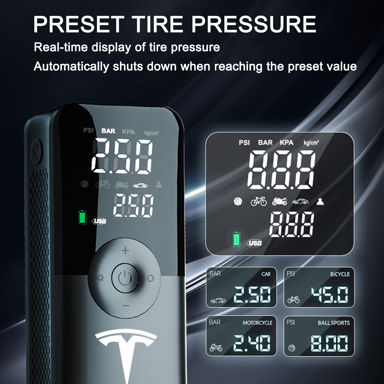 Tire Inflator Air Compressor for Tesla Model 3 Y X S, Cordless Tesla Air Pump, 2025 Tesla Model Y 3 X S Accessories with Tire Light and Pressure Gauge, Portable Storage