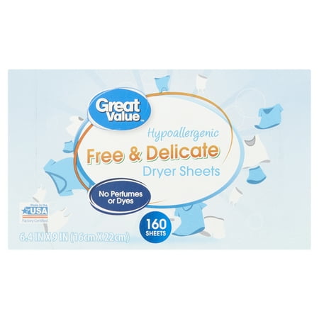 Great Value Free & Delicate Dryer Sheets, Hypoallergenic, 160 Count