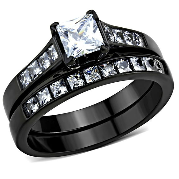 Luxe Jewelry Designs 2-Piece Women's Black IP Stainless Steel Wedding Ring Set with Cubic Zirconia,
