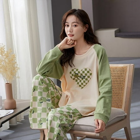 

QWZNDZGR Autumn Pure Cotton Young Women s Pajama Sets Pyjamas Cartoon Plaid Sleepwear kawaii Girl Loungewear Pijama Mujer Night Homewear