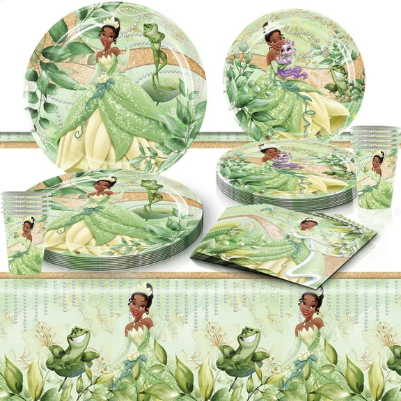 81 PCS Tiana Birthday Party Supplies, Tiana Tableware Set Includes 40 PCS Plates, 20 PCS Napkins, 20 Paper Cups and 1 PCS Tablecloth for Party Decorations