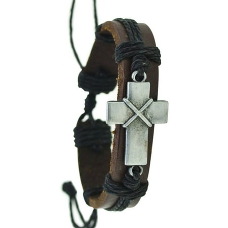 - Leather Pull String Christian Cross Religious Black On Dark Brown Bracelet. J-470-A