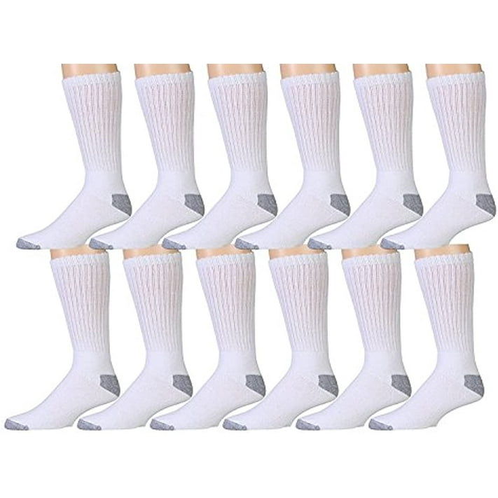12 Pairs Value Pack of Wholesale Sock Deals Mens Ringspun Cotton Crew Socks, White/Gray, 1013