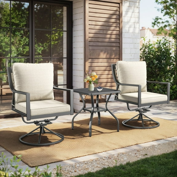 PARKWELL 3-Piece Outdoor Steel Patio Bistro Set,Patio Swivel Dining Chairs with Beige Cushions and Side Table for Garden Backyard,Lawn and Porch
