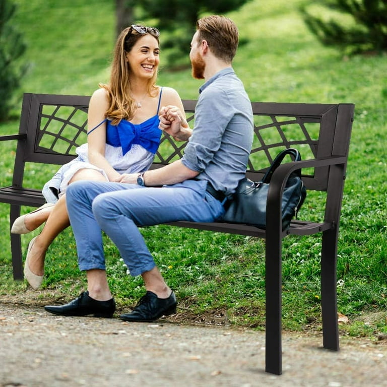 Outdoor Metal Garden Bench - 400 Lb Capacity Cast Iron Steel Frame With PVC Mesh, Black