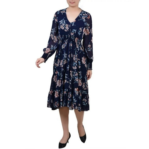 NY Collection Women's Long Sleeve Clip Dot Chiffon Dress Navy Hydrolily Size S