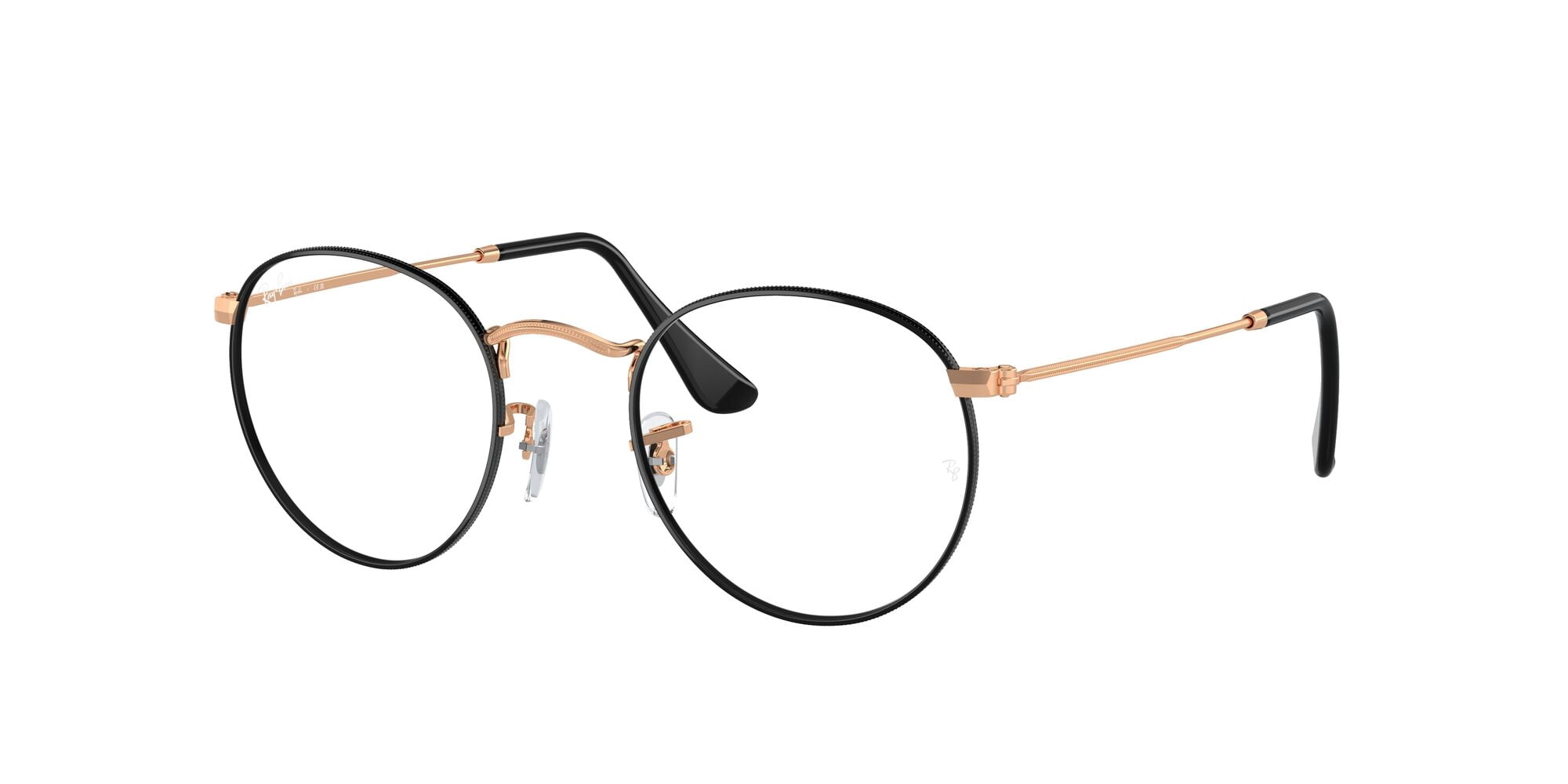 Ray-Ban Unisex Size 50 Round Metal Prescription Eyeglasses, Polished Black on Rose Gold/Demo Lens