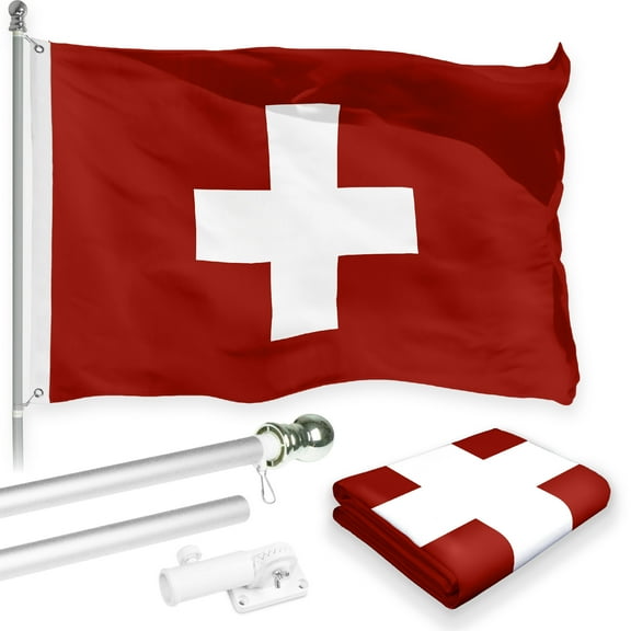 G128 Combo Pack: 6 Feet Tangle Free Spinning Flagpole (Silver) Switzerland Swiss Flag 3x5 ft Printed 150D Brass Grommets (Flag Included) Aluminum Flag Pole