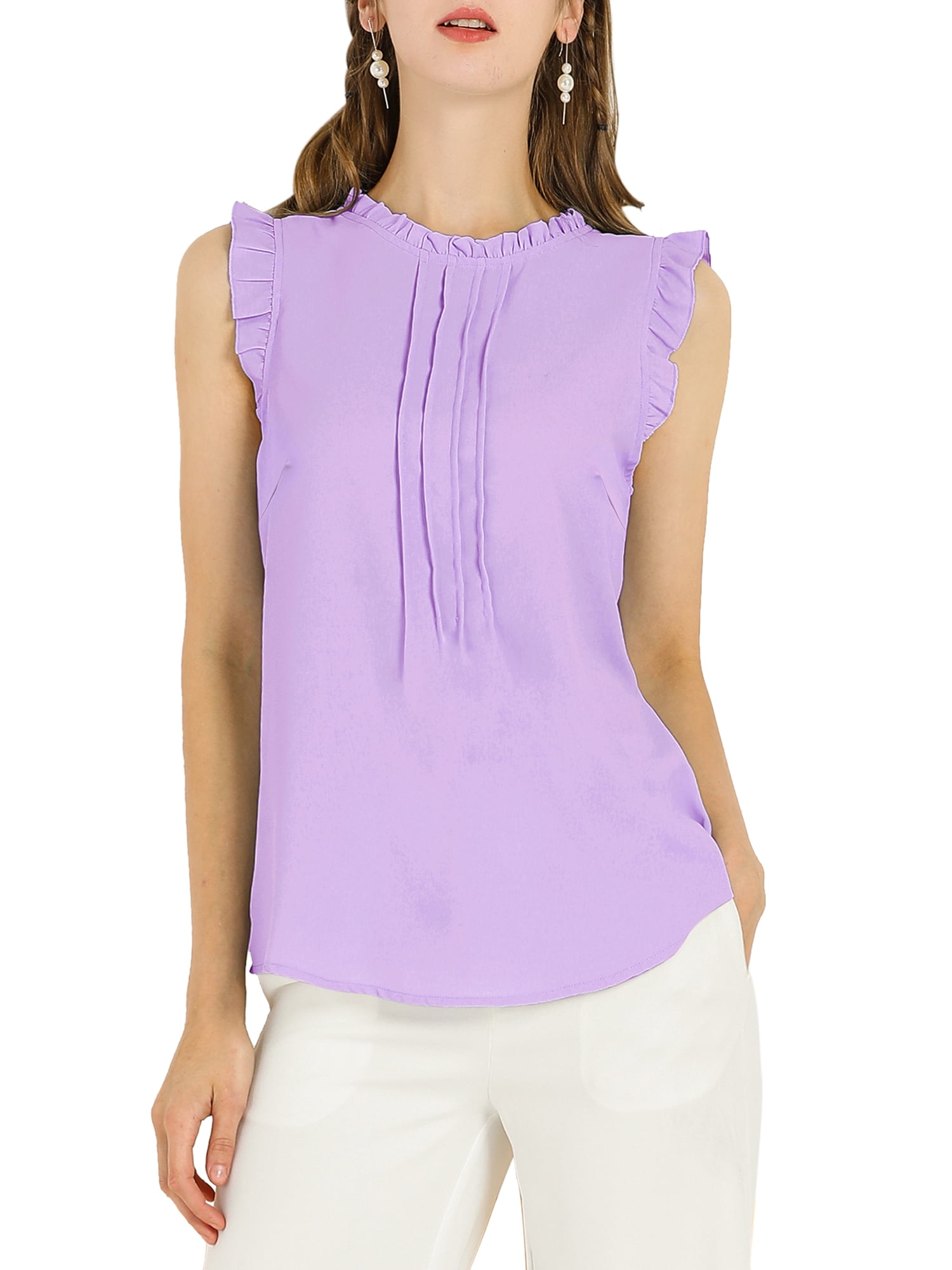 DARING DIVA Women's Ruffled Trim Pleated Plain Blouse Top S Lavender