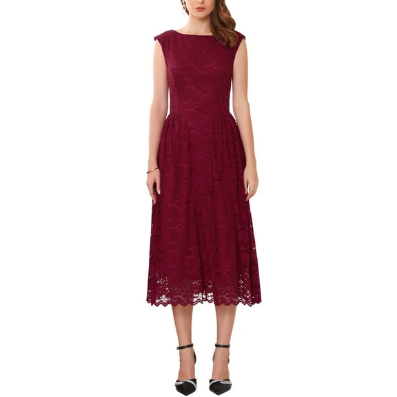 Womens' Wedding Guest Lace Dress 2025 Boat Neck Vintage Formal Cocktail Midi Dresses M Red