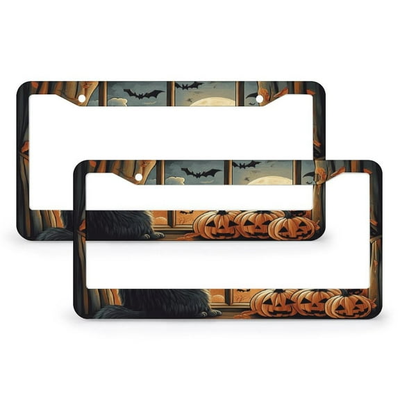 2 PCS Black Cat Bat Moon Pumpkin Holiday License Plate Cover Fall Happy Halloween Licenses Plates Frames Front Licenses Plate Covers Car Tag Frame Quality Aluminum 2 Hole