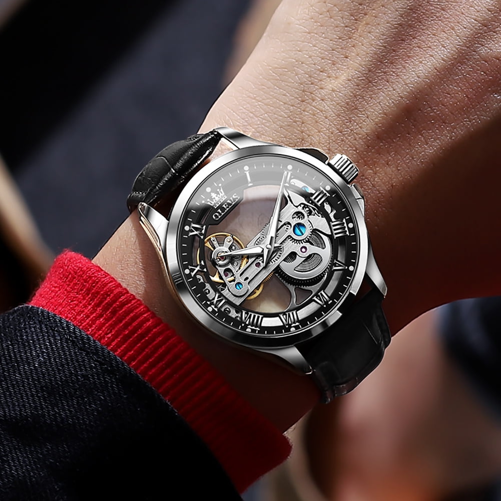 OLEVS Automatic Watches for Men Skeleton Black Leather Band Large Face Self Winding Mechanical Mens Dress Watches Waterproof Easy to Read Luminous Business Casual Mens Wrist Watches Reloj Para Hombre