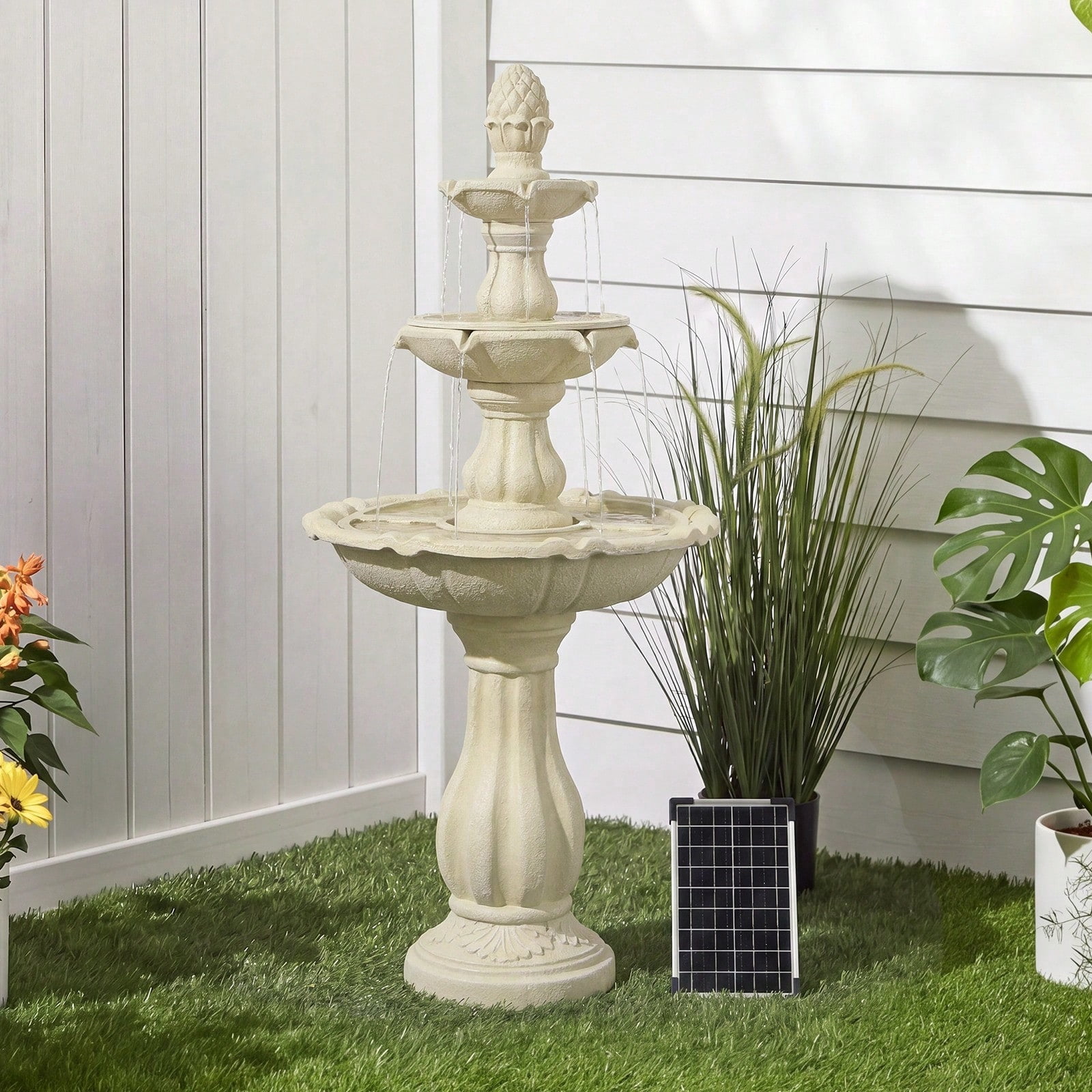 50.5 Inch 3-Tier Solar Outdoor Water Fountain, Pineapple Top Pedestal Waterfall with Warm LED Lights, Weather UV Resistant Resin, Low Noise Energy Saving, for for Yard Patio Home Decor