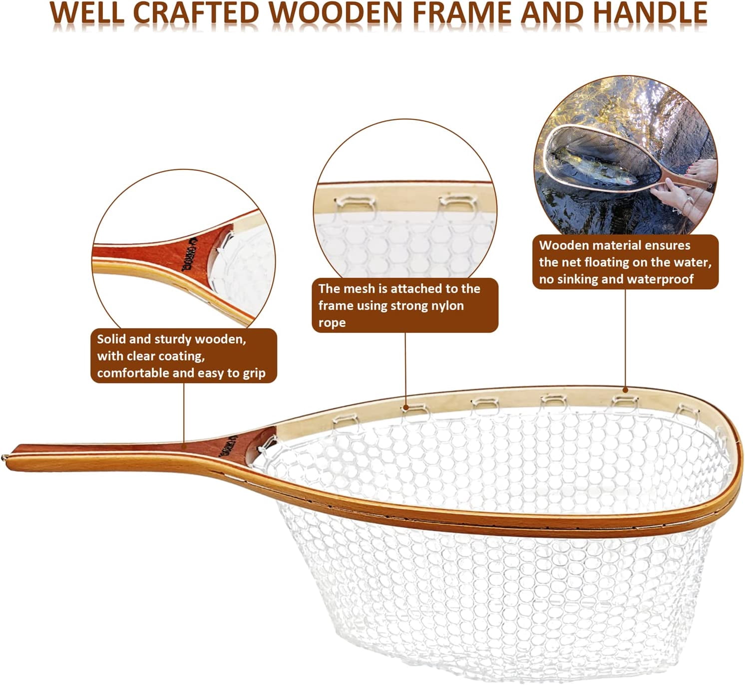 Fly Fishing Net Trout Net with Magnetic Release and Rod Holder Wooden Frame Landing Net with Soft Rubber Mesh for Catch and Release (Clear Small Holes)