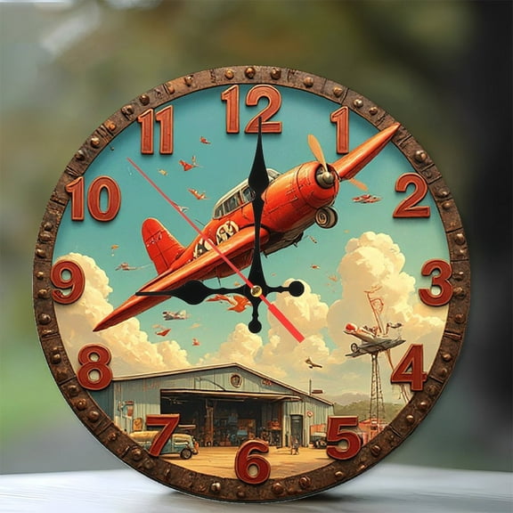 Vintage Airplane Clock Wall Decor 10-Inch Silent Wooden Wall Clock, Battery Operated (AA Batteries Not Included), Artistic Home Decor
