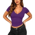 thumbnail image 4 of Xaqiouau Womens V Neck Tops Short Sleeve Ruched Slim Fitted Shirts Going Out Dressy Solid Blouses Summer Basic Tees, 4 of 8