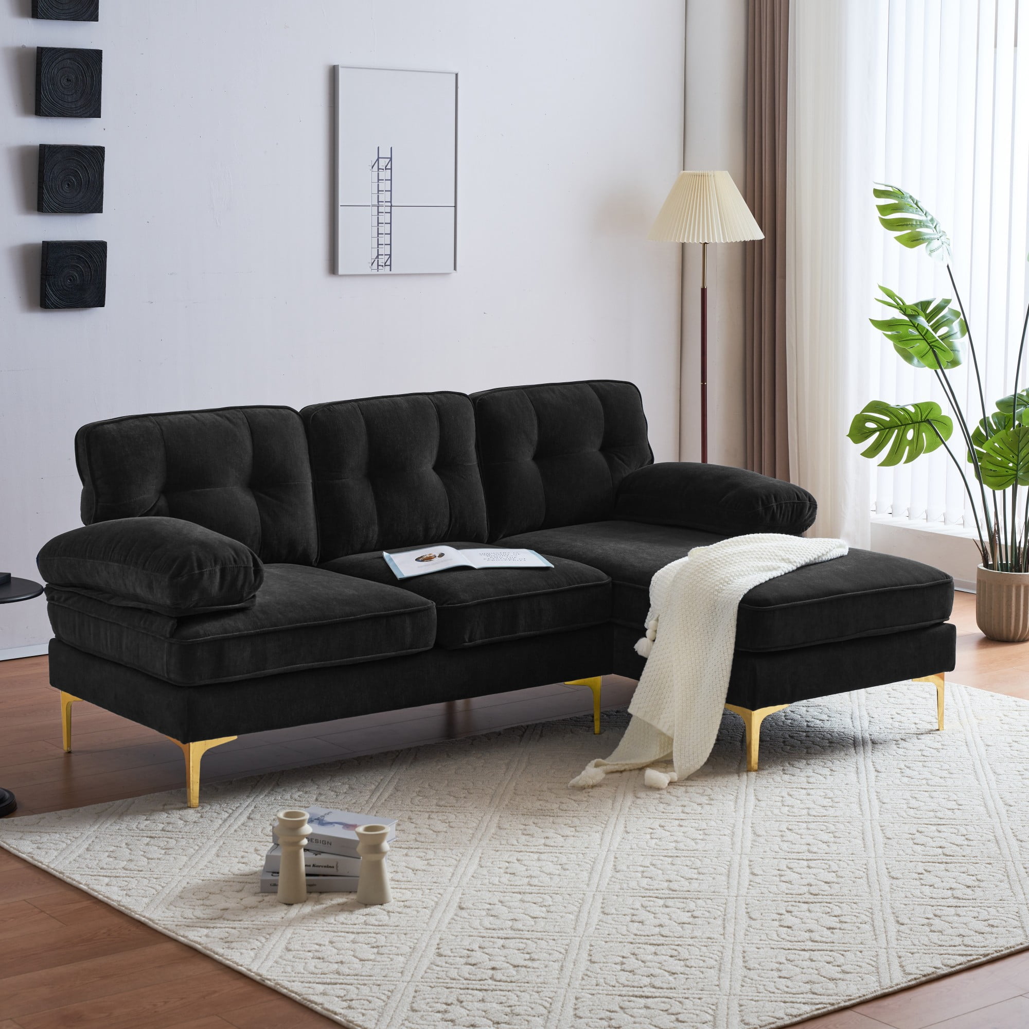 Leumius 82.6 Modern Sectional Sofas Couches L Shaped Velvet Sofa Couch for Living Room Bedroom Black