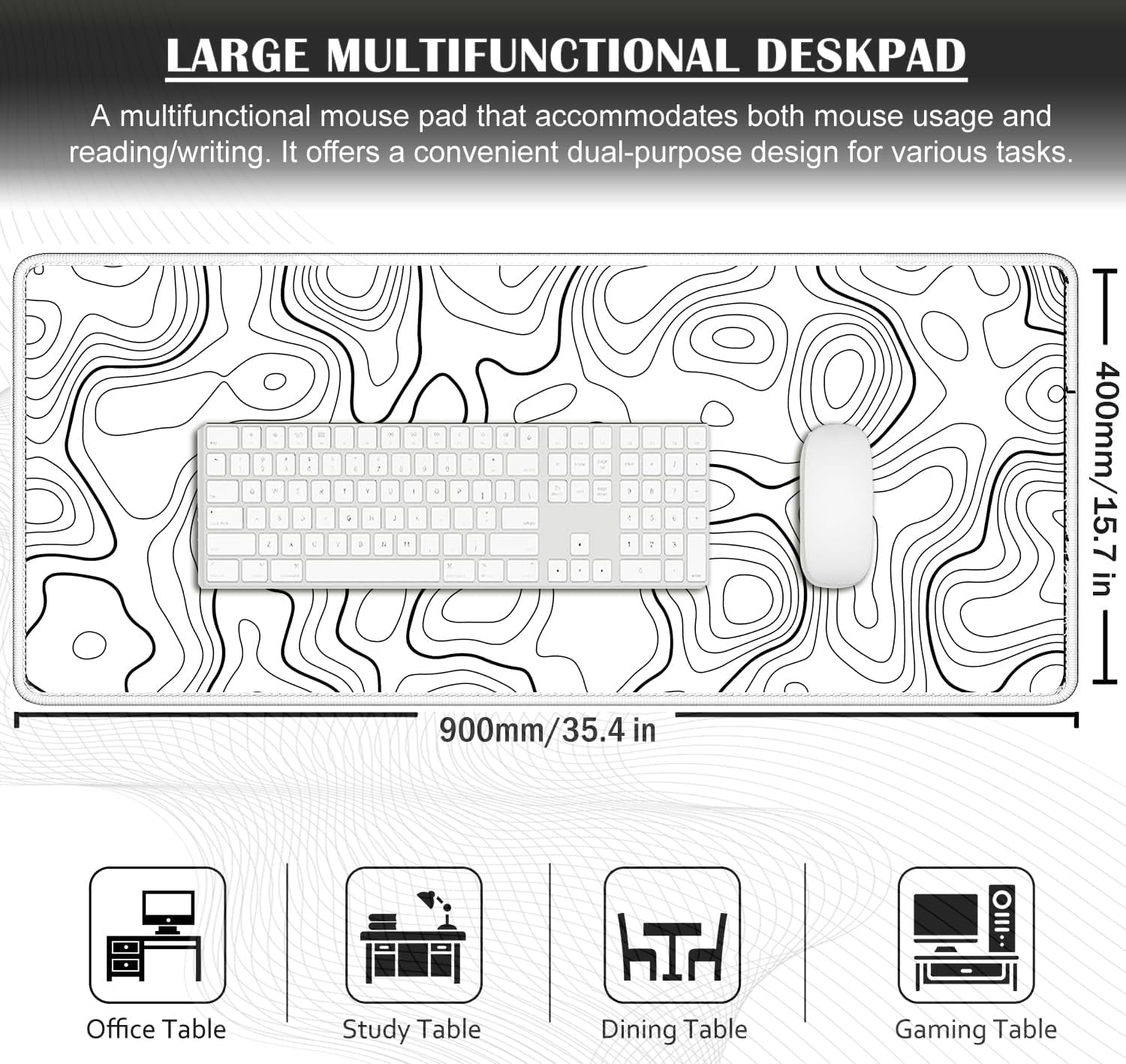 Extra Large Gaming Mouse Pad 35.4 x 15.7 Inch, Extended Mousepad with Stitched Edges, Smooth Cloth Surface, Non-Slip Rubber Base, Waterproof Desk Pad for Keyboard and Mouse, Topographic White