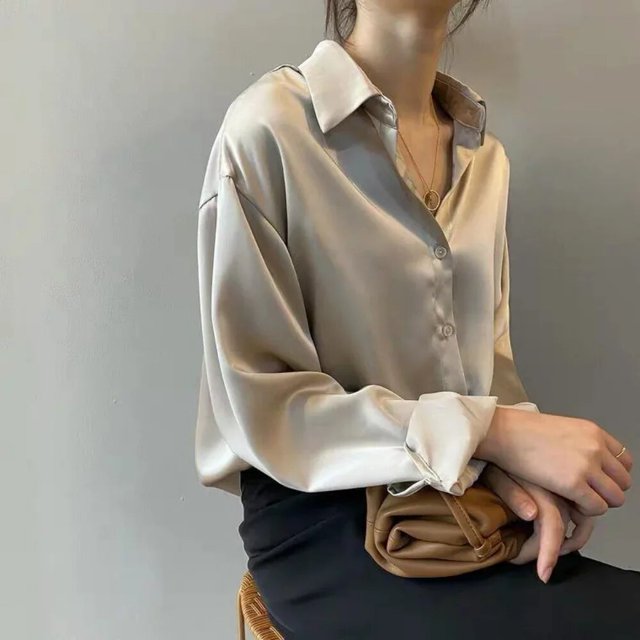 Blusa holgada Vintage De satén para Mujer, camisa De manga larga, diseño elegante, ropa De moda