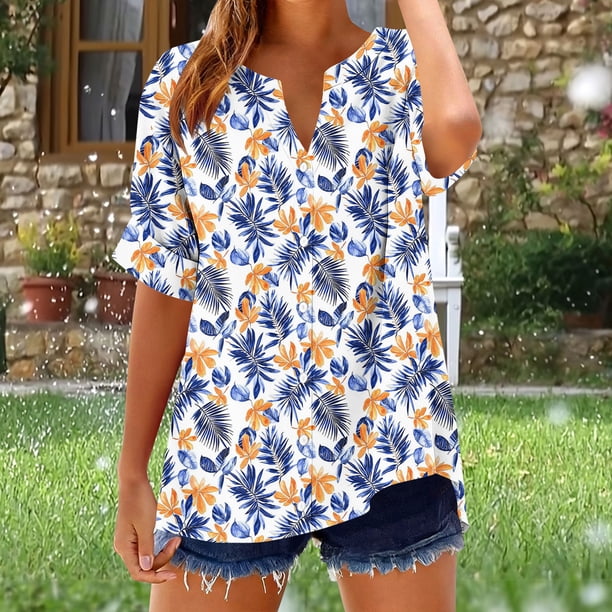 TaTaai Womens Casual V-Neck Button Shirt Short Sleeve Printed Blouse Loose Fit Non Positioning Print Linen Feel Soft Comfortable Top for Summer Daily Gift