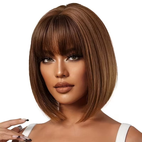 Women's short black bob wig, natural straight hair, blonde highlights, heat-resistant synthetic fiber wig