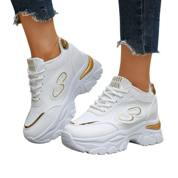 Platform High Top Fashion Sneakers for Women White Gold Casual Lace up Chunky Wedges Non Slip Work Shoes