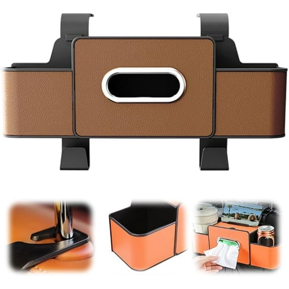 Rubinzhi Back Seat Car Organizer, 3-in-1 Car Backseat Multifunctional Organizers and storage with Cup Holder, Tissue Box & Hooks, Brown