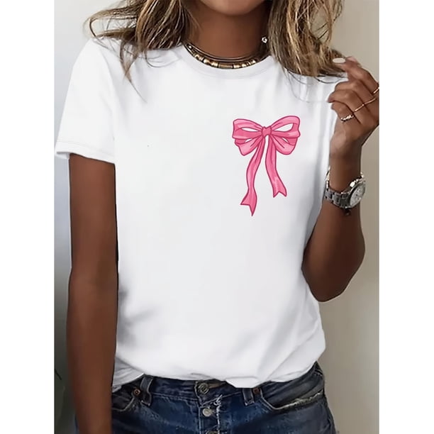 Faith Foundation Chic Bows Printed on The Front And Back Crew Neck T-Shirt, Four Seasons Casual Short-Sleeved Round Neck T-Shirt, Women'S Clothing