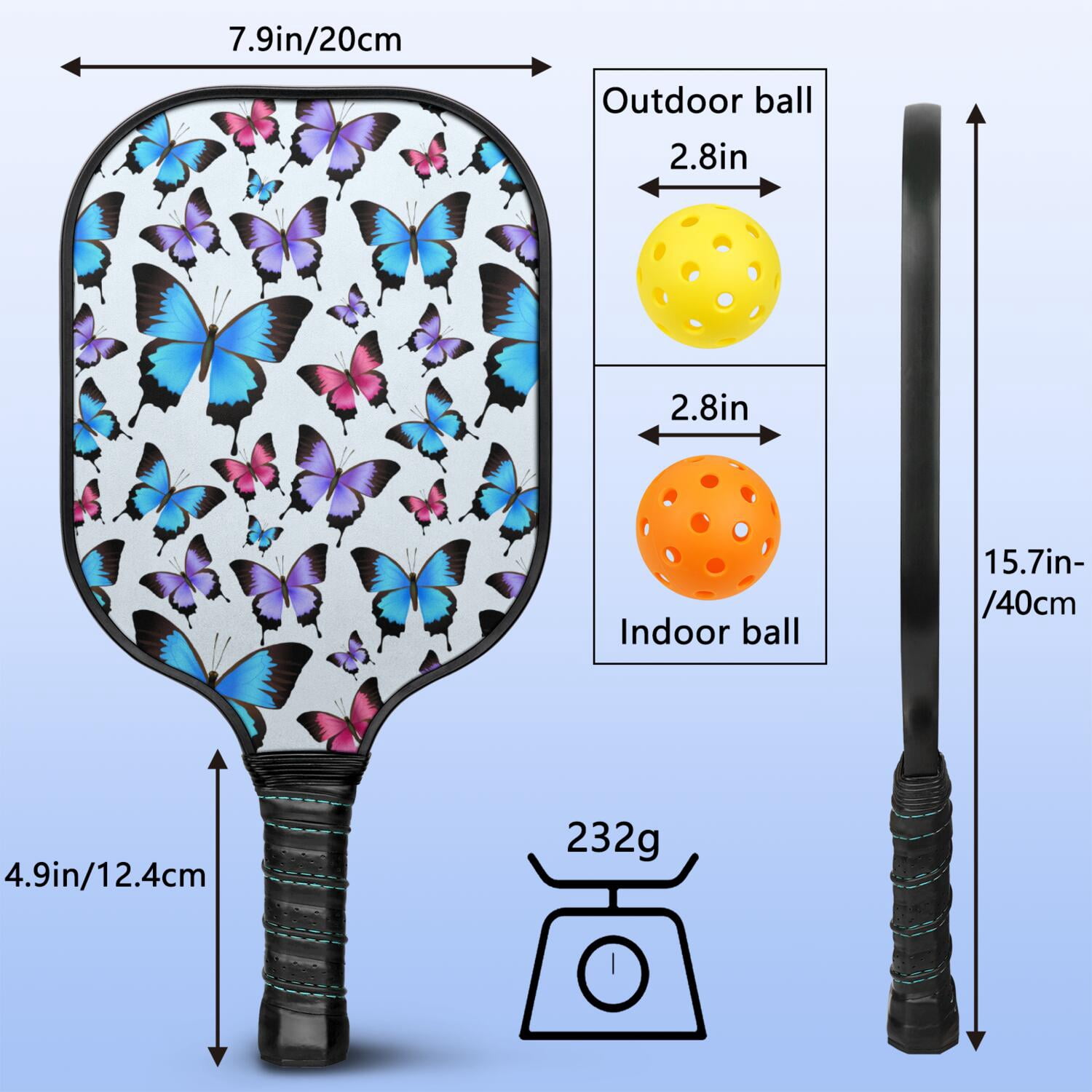 Pickleball Paddles Set Of 1, Fiberglass Surface, Boho Butterfly Decor, 1 Paddle, 2 Balls & Bag