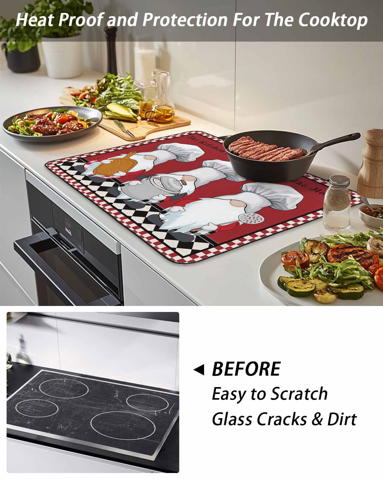 The Chef Stove Top Covers for Electric Stove, 28'x20'' Gnome Kitchen Black Buffalo Plaid Red Glass Ceramic Stove Cover Foldable Rubber Mat Heat Resistant Cooktop Protector for Kitchen