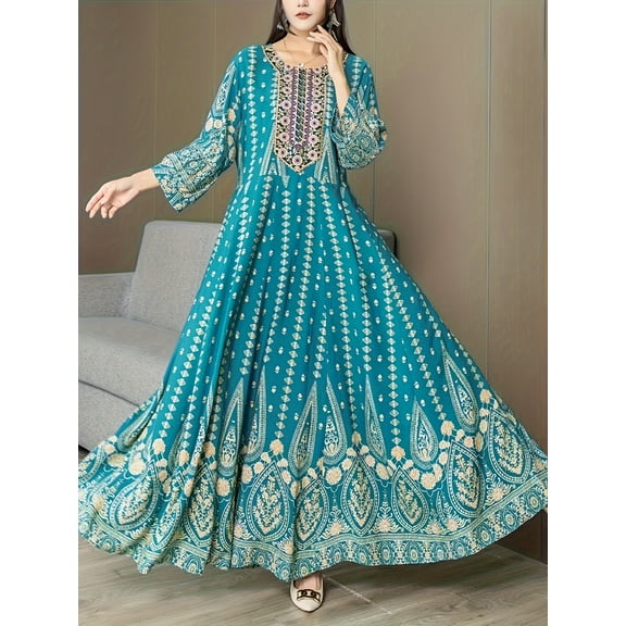 MORTTIC Women's Ethnic Print A-Line Maxi Dress Elegant Long Sleeve Crew Neck Swing Dress, S