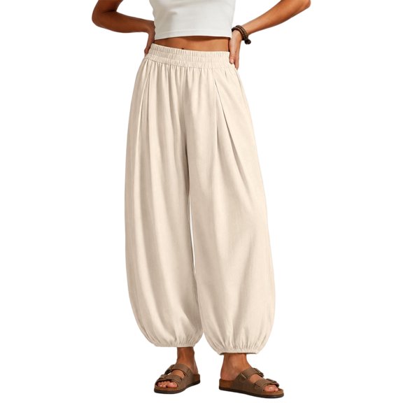 Womens Balloon Pants Wide Leg Barrel Pants Baggy Trousers Elastic Waist Casual Lounge Travel Pants with Pockets,L