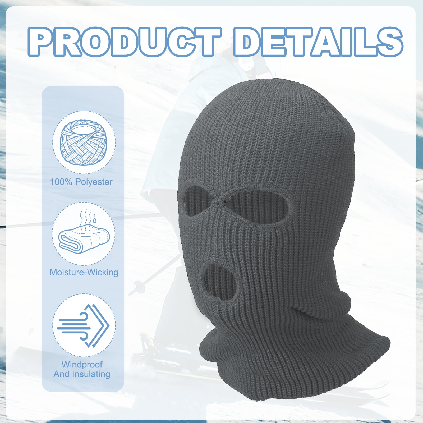 Uxcell 3-Hole Full Face Mask Cover, Ski Mask Knitted Warm Knit Cover Winter Balaclava Face Mask Cap Ski Polyester& 2 Pcs& Dark Gray -Fitting for ( Men/Women/Winter Outdoor Sports/Skiing)