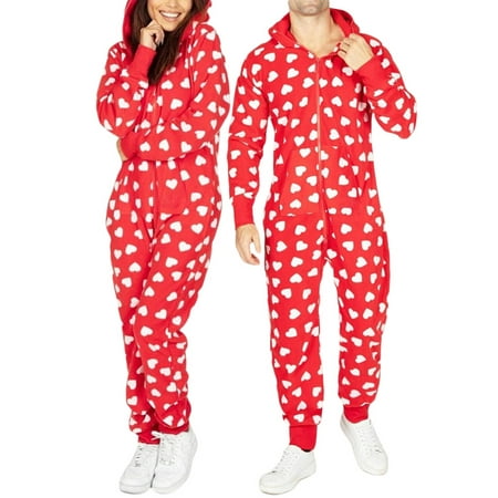 

EYIIYE Women Men Couples Jumpsuit Hooded Pajamas Bear/Heart/Penguin/Crutch Print Long Sleeve Zipper-Up Long Romper Sleepwear