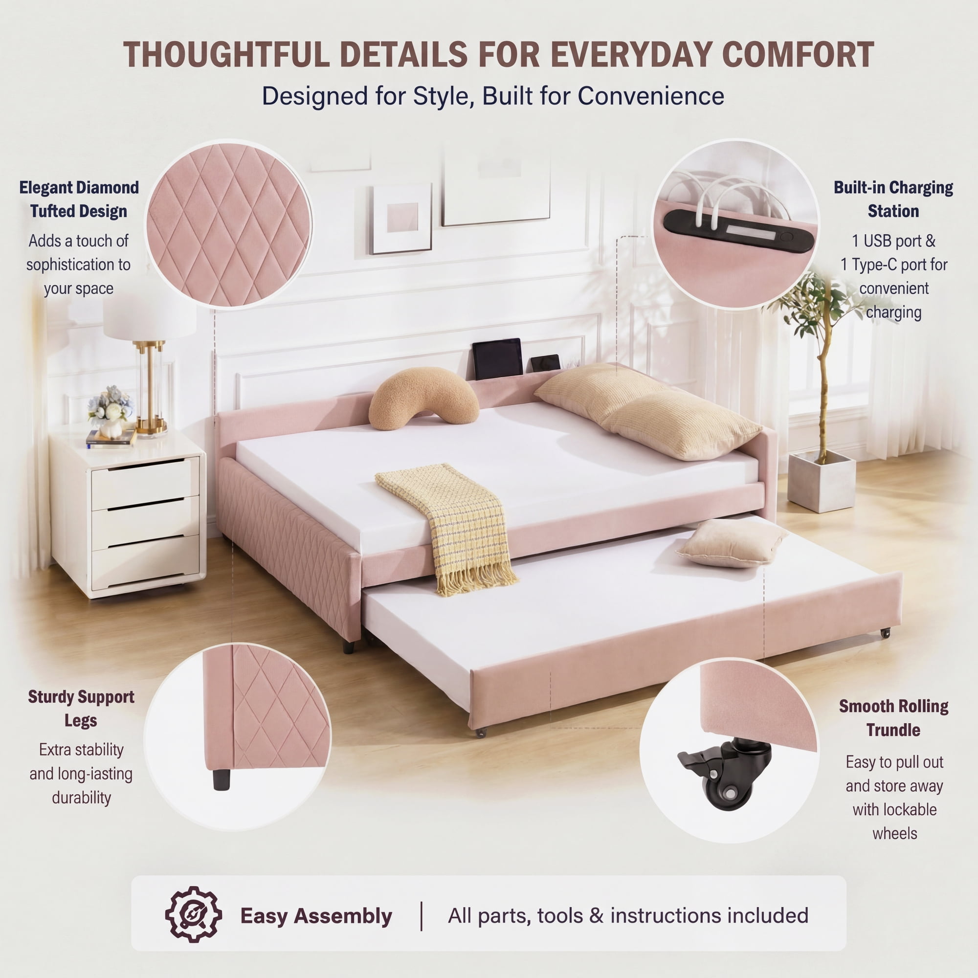 Leumius Upholstered Daybed with Trundle,Sturdy Wooden Bed Frame, Modern Diamond Grid Design for Bedroom Guest Room (Pink)