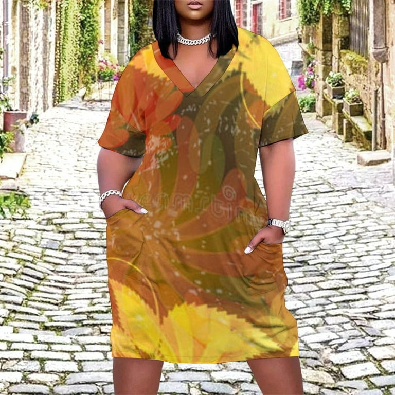 Autumn Leaves Floral Grunge Design Women's Loose Short Sleeve Dress Casual  Summer Plus Size Long Dresses with Pockets - Walmart.com