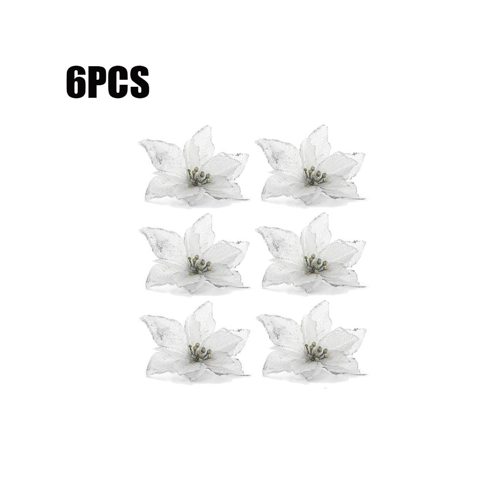 6PCS Glitter Christmas Artificial Flowers Christmas Poinsettia Decor Christmas Tree Wreaths Ornaments for Christmas Home Wedding Party