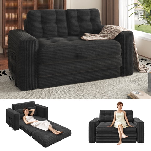 Erinnyees 2-in-1 Sleeper Sofa, No Assembly Corduroy Loveseat, Converts to Bed with Deep Seat & 2 Included Pillows