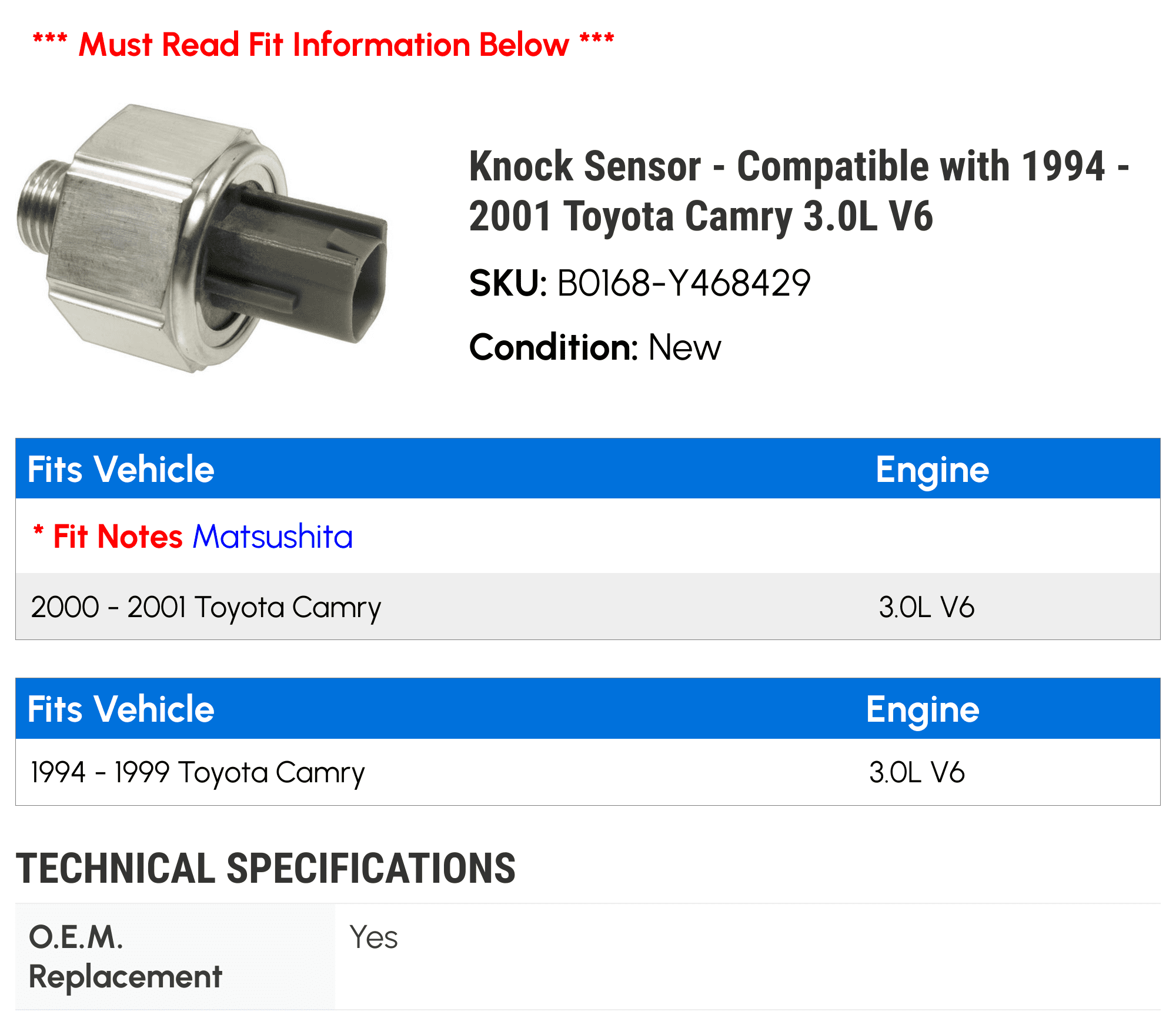 Knock Sensor - Compatible with 1994 - 2001 Toyota Camry 3.0L V6 1995 1996 1997 1998 1999 2000