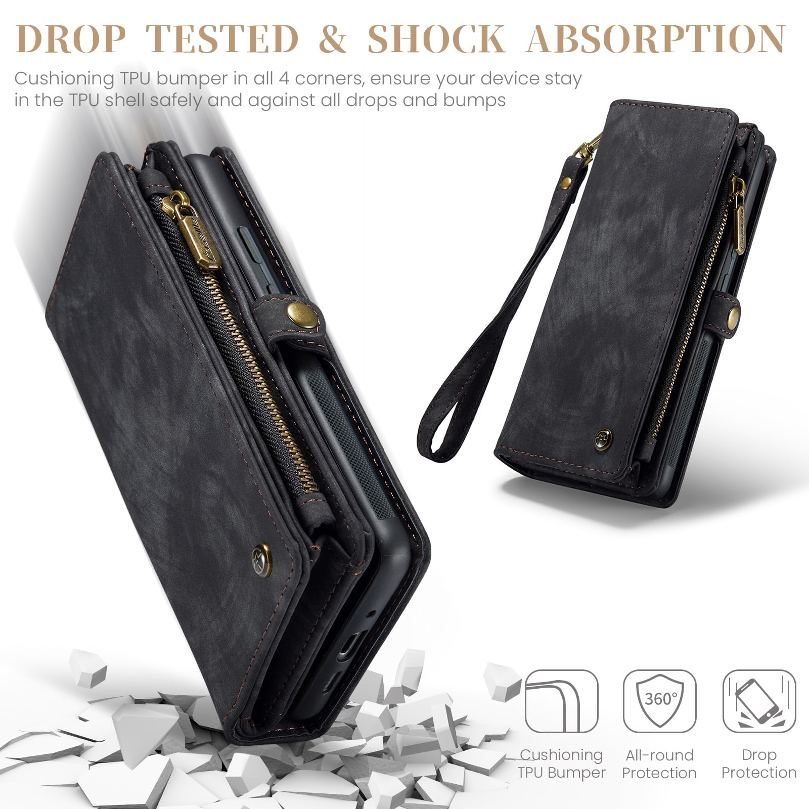 Feishell Durable 2- In-1 Magnetic Detachable Wallet Case for iPhone 16,for Women Men,Premium PU Leather Zipper Pocket Flip Multi Card Slots Purse Phone Case with Wrist Strap,Black