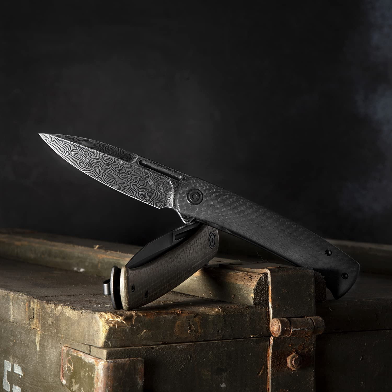 CIVIVI Cetos Folding Knife, 3.48-in Damascus Blade Spear Point with Twill Carbon Fiber Scale Frame Lock C21025B-DS1