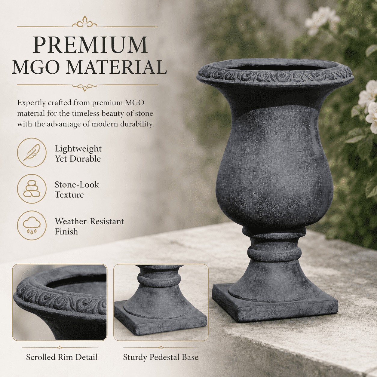 Aukfa Large MGO Garden Urn Planter, Outdoor Tall Decorative Stone-Look Flower Pot with Drainage Hole & Weather-Resistant, Black