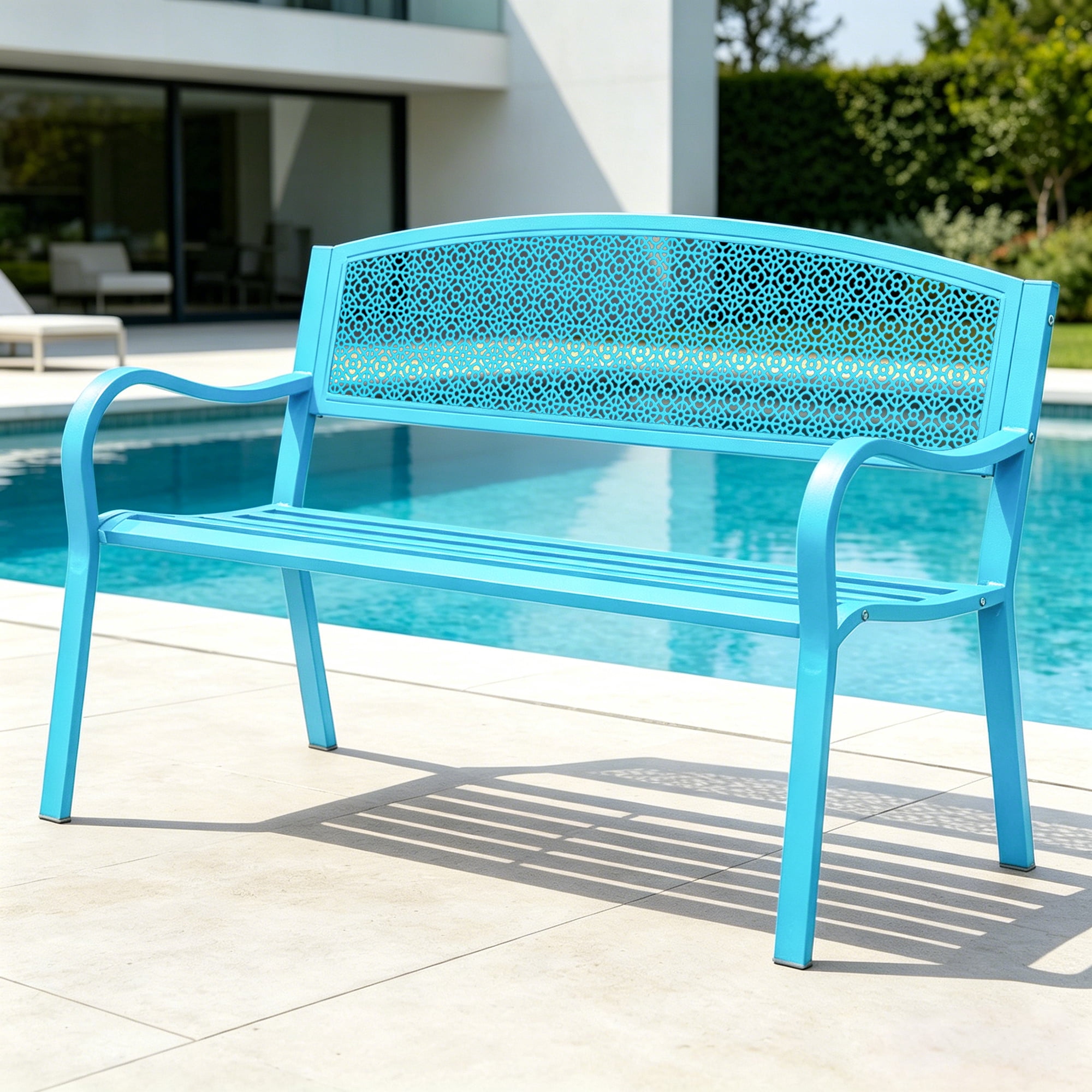 Kool 49in Outdoor Metal Garden Bench Steel Slat Patio Loveseat Park Bench for Porch Yard Lawn Patio Bench, Blue