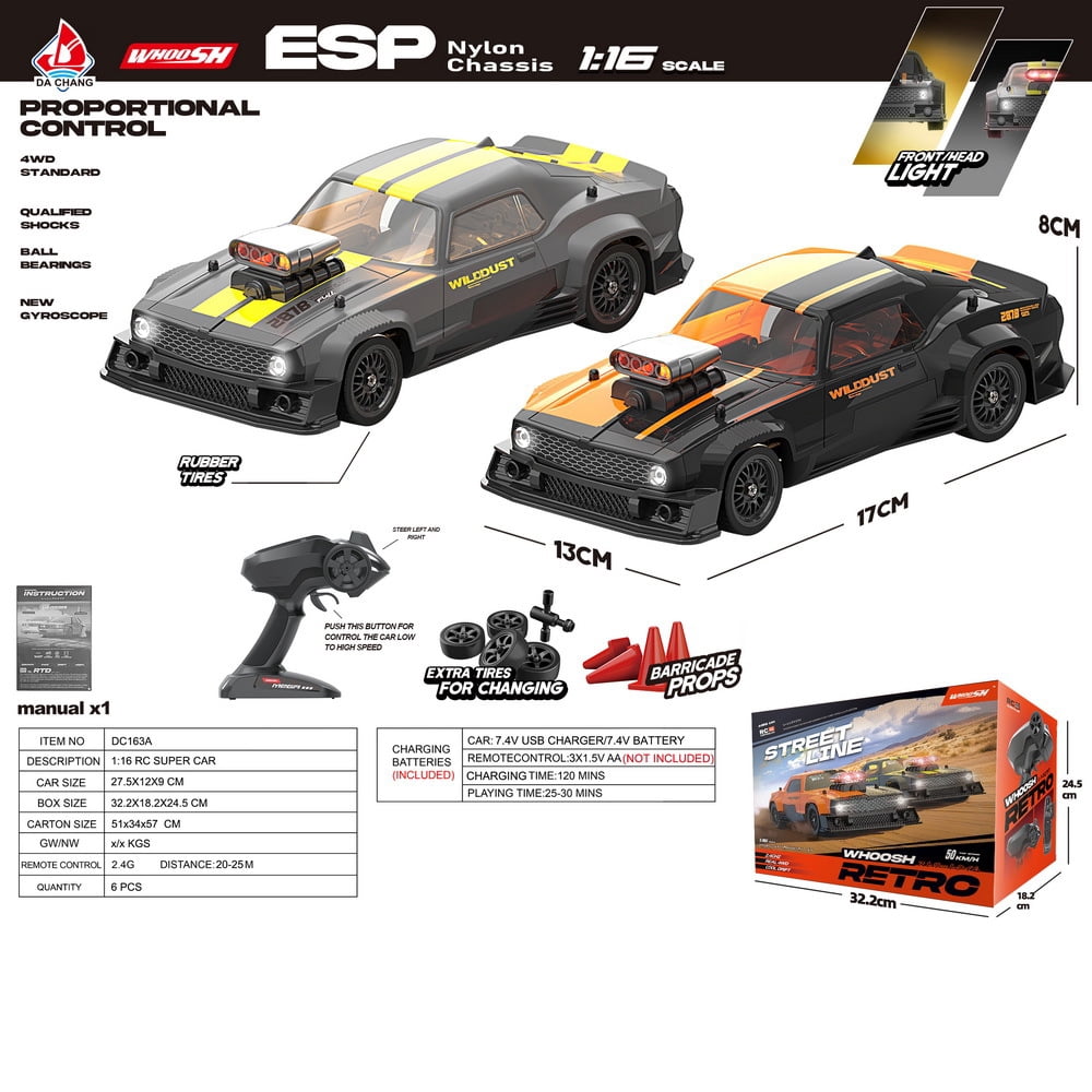 1/16 Scale 4WD RC Drift Car High Speed Racing Remote Control Vehicle With ESP Gyroscope Stabilization LED Front Rear Lights Full Proportional Driving System For Adults Hobbyists