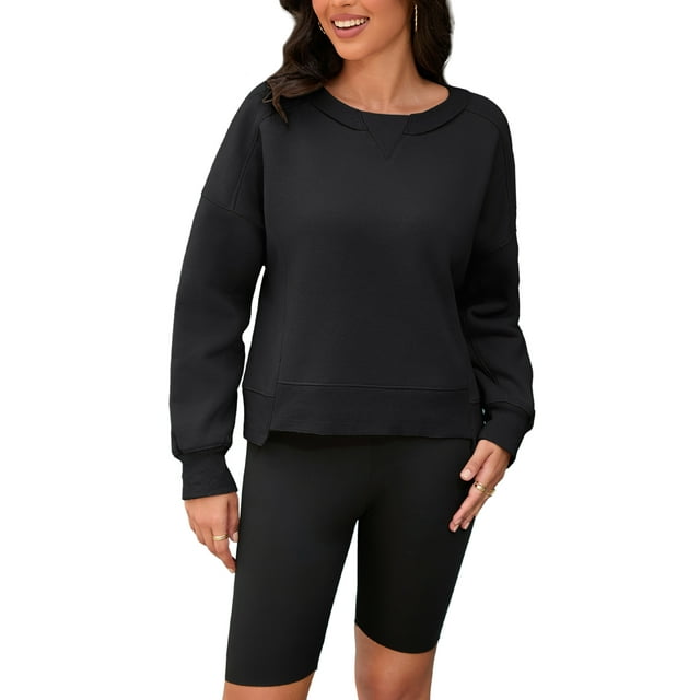 Sudadera recortada ATHLECHIC para mujeres, cuello redondo, suéter de felpa oversized, moda, tops de pullover de otoño, XL negro