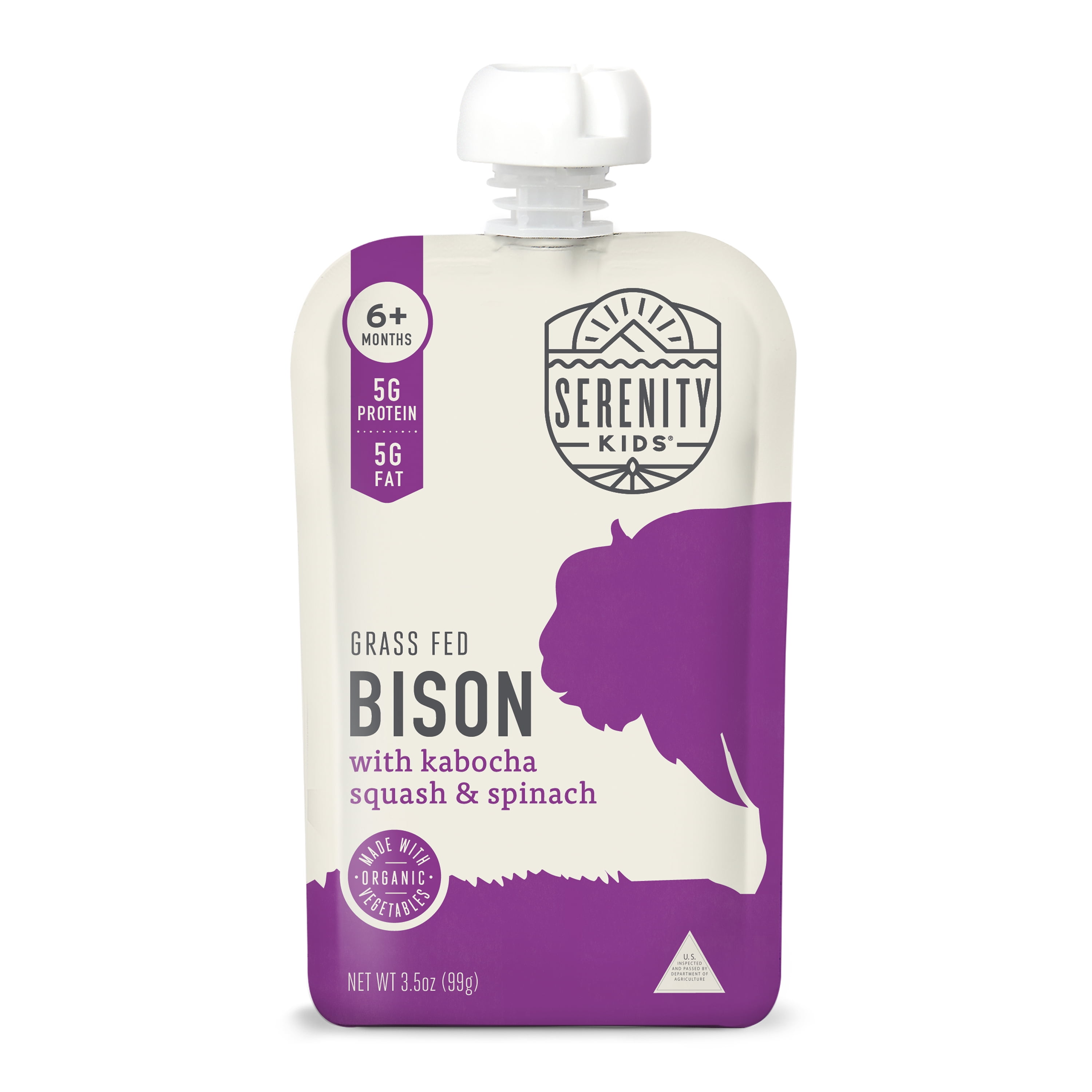 (12 pack) Serenity Kids Bison Stage 2 Baby Food with Kabocha Squash and Spinach, 3.5 oz Pouch