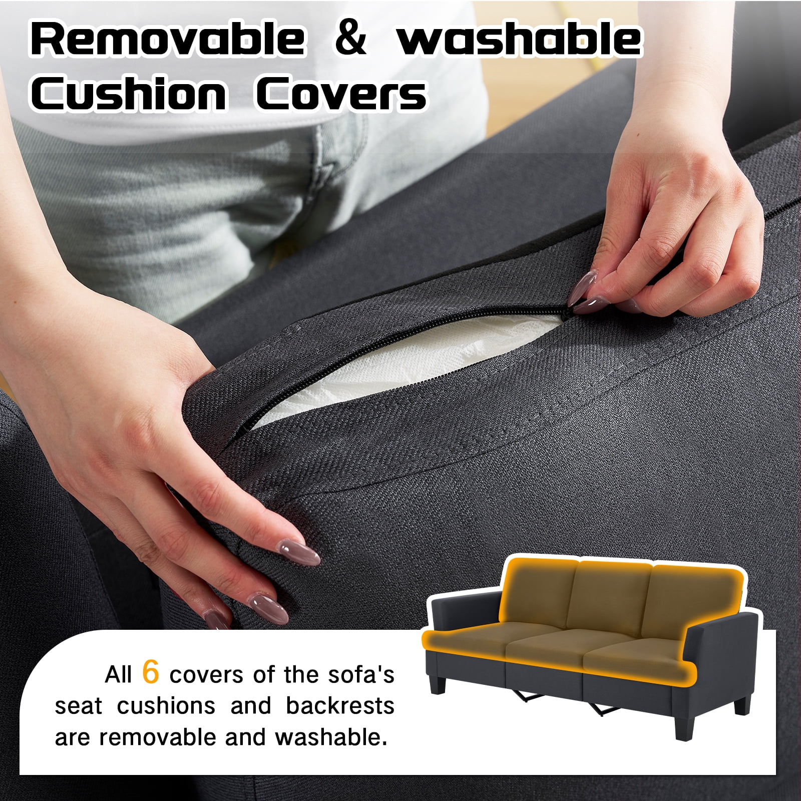 3 Seater Sofa, 84" Linen Upholstered Sofa with Deep Seats, Classic Modern Couch for Living Room, Dark Gray