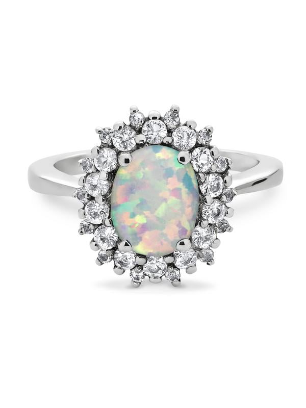 Sterling Silver Rhodium Plated Oval Created White Opal And White Topaz ...