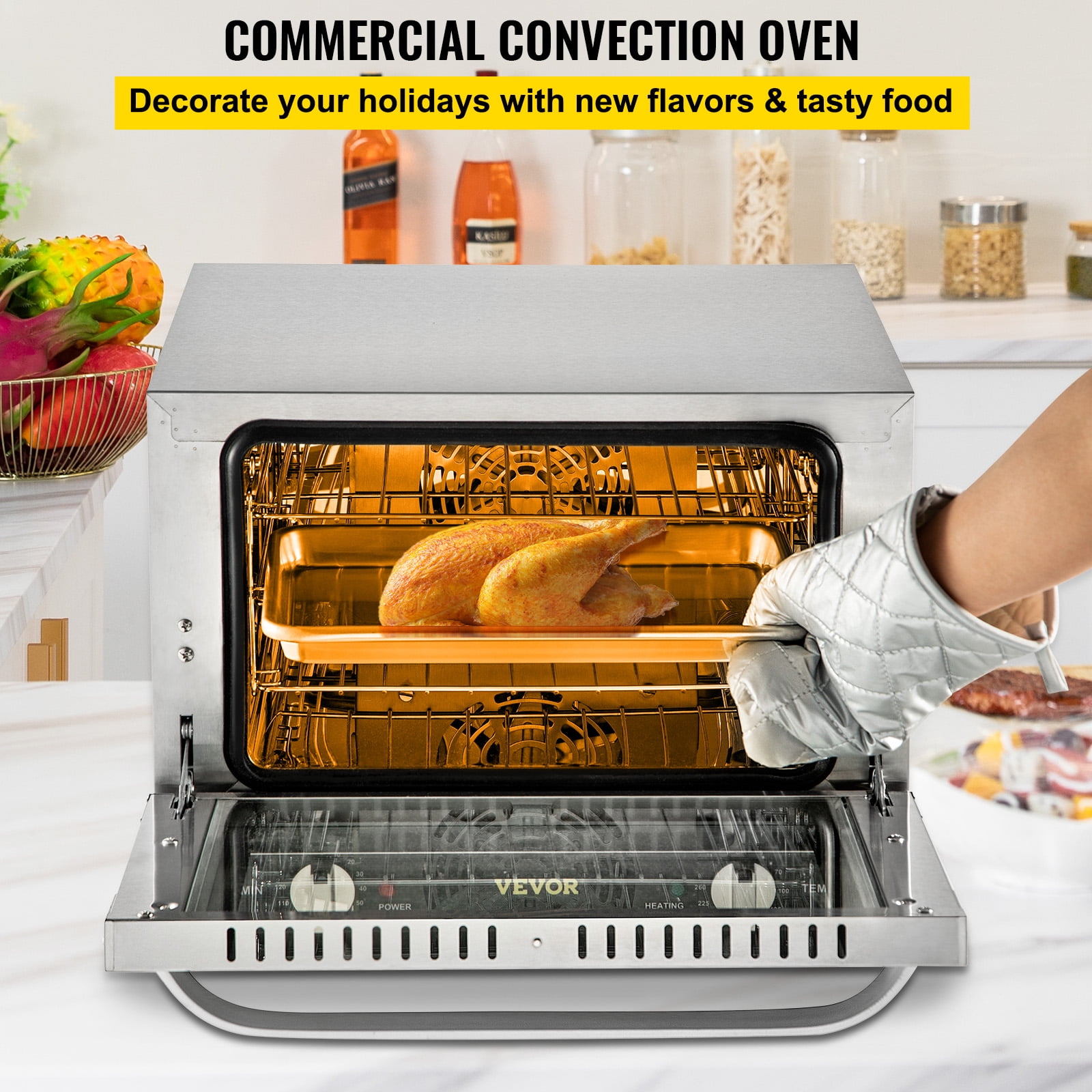 VEVOR Commercial Convection Oven, 21L/19Qt, 1440W 3-Tier Toaster with Front Glass Door,Electric Baking Oven with Trays Wire Racks Clip Gloves